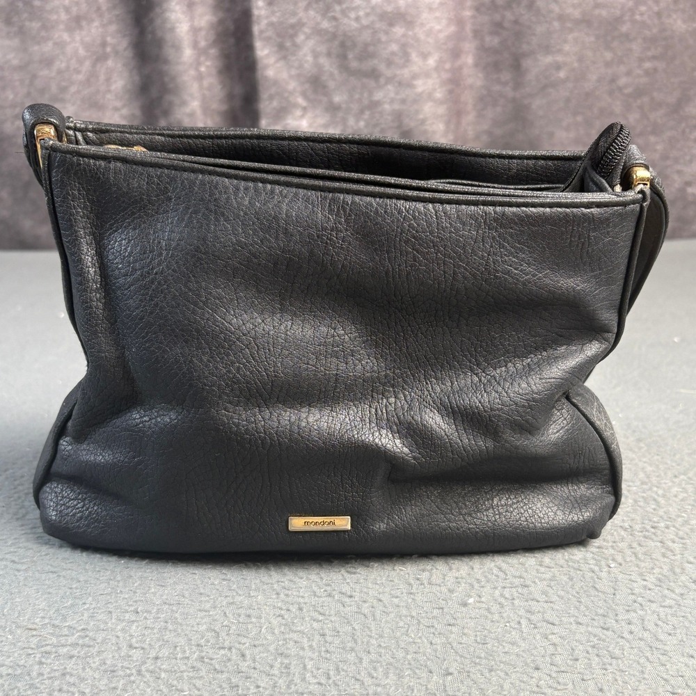 Mondani New York Black Pebbled Faux Leather Triple Compartment Shoulder Bag